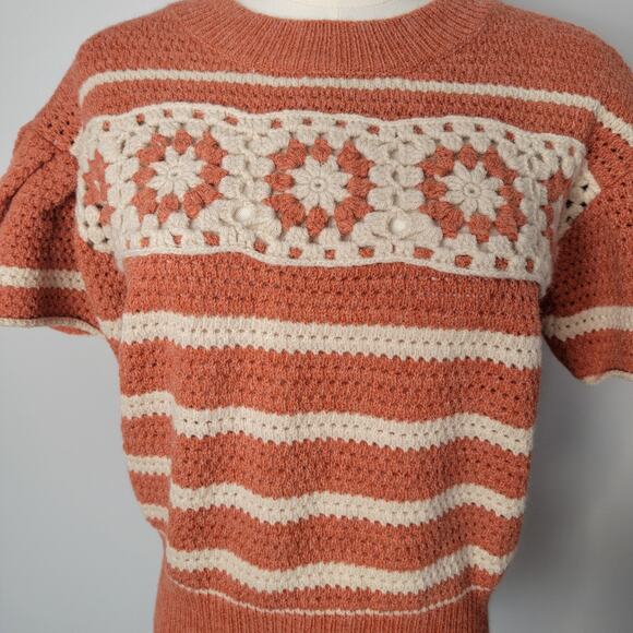 BiBi Short Puff Sleeve Retro Boho Orange Crochet Sweater Sz S NEW Cottagecore - Picture 2 of 10